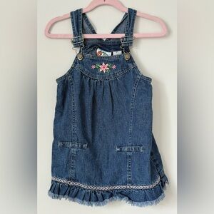 No Kidding Embroidered Floral Print Denim Jumper Dress 4T